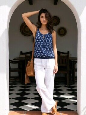 Studio Max Blue Diamond Smocked Tie Neck Sleeveless Top Size Small
